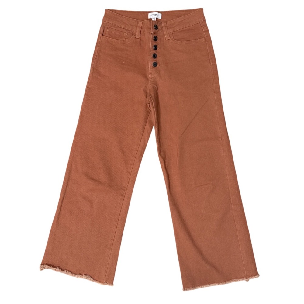 ANNIEWEAR Cropped Wide Leg Button Fly Jeans Rust Orange Raw Hem Women's‎ Size S
